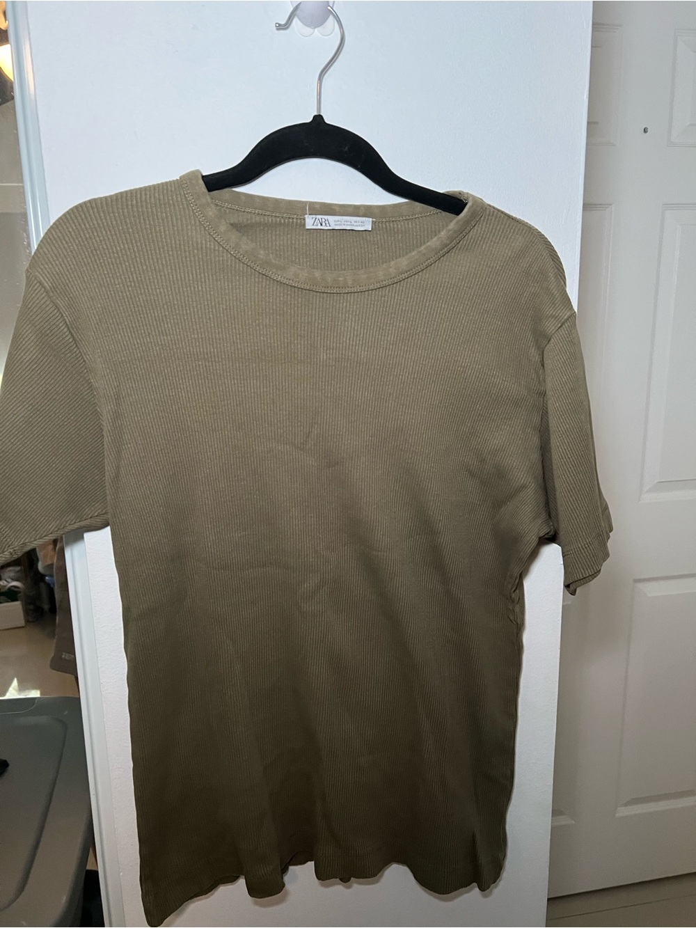 Zara Olive Green Ribbed Short Sleeve Tee